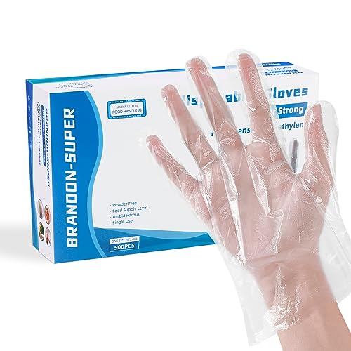 Brandon-super Food Prep Gloves Plastic Food Safe Gloves, Food Handling, One Size Fits Most Poly 500ct Clear 500 Count (Pack of 1)
