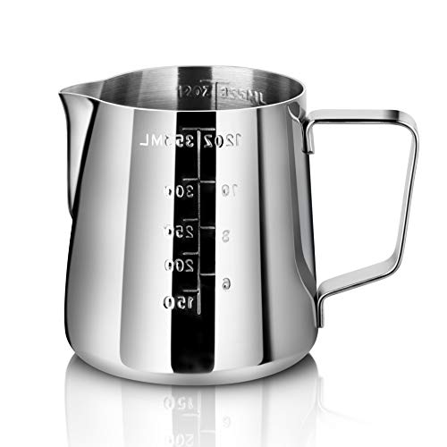 New Star Foodservice 28805 Commercial Grade Stainless Steel 18/8 Frothing Pitcher, 12-Ounce with Measurement Scale