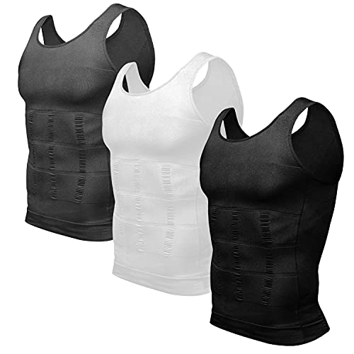 Odoland 3 Packs Men's Body Shaper Base Layer Shirt, Tummy Waist Shirt, Compression Base Layer Muscle Shape wear for Men, Grey/Black/White, M