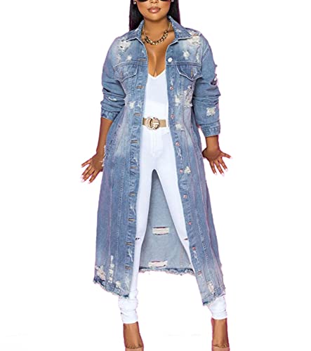ebossy Women's Ripped Out Distressed Washed Long Blue Denim Jacket Trench Coat (X-Large, Light Blue)