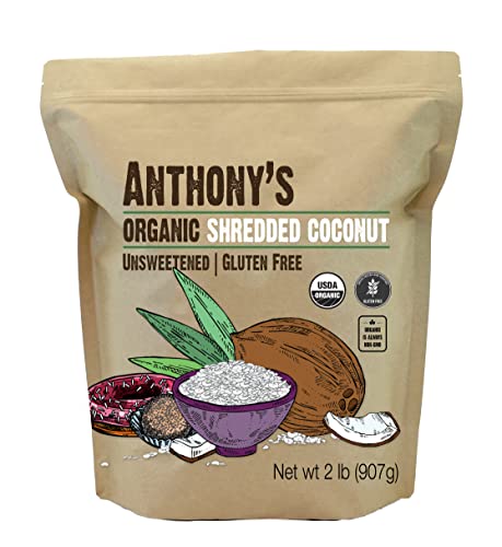 Anthony's Organic Shredded Coconut, 2 lb, Unsweetened, Gluten Free, Non GMO, Vegan, Keto Friendly