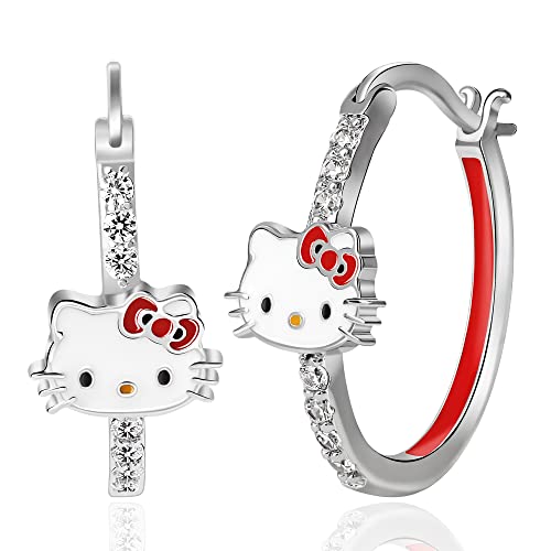 Sanrio Hello Kitty Womens Hoop Earrings - Cubic Zirconia and Enamel Plated Hello Kitty Earrings Officially Licensed