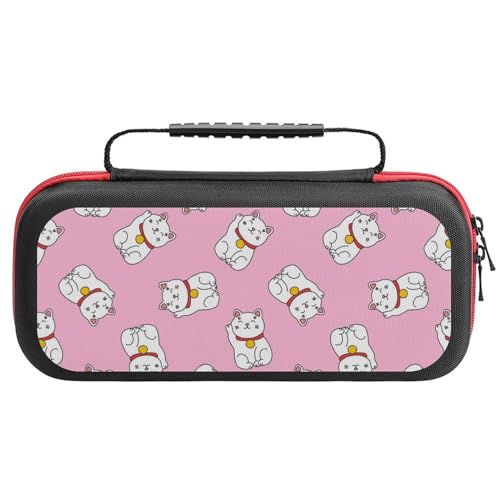 PUYWTIY Portable Travel Carrying Case Compatible with Nintendo Switch, Japanese Cute Lucky Cat Pink Hard Shell Protective Case with 20 Game Card Slots for Accessories and Games