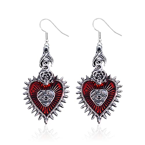 Vintage Goth Punk Rock Bat Gothic Eye Red Heart Drop Dangle Earrings for Women Halloween Cosplay Jewelry (Red)