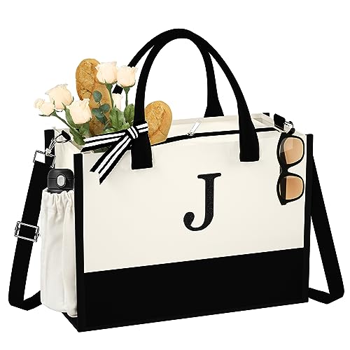 Gifts for Women Canvas Tote Bag 16oz Canvas Bag with Shoulder Strap & Zipper Inner & Side Pocket Monogrammed Birthday Gifts for Women Initial Bag Bridesmaid Tote Bags for Bride Wedding Bag Letter J