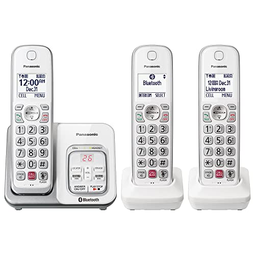Panasonic Cordless Phone with Answering Machine, Link2Cell Bluetooth, Voice Assistant and Advanced Call Blocking, Expandable System with 3 Handsets - KX-TGD863W (White)