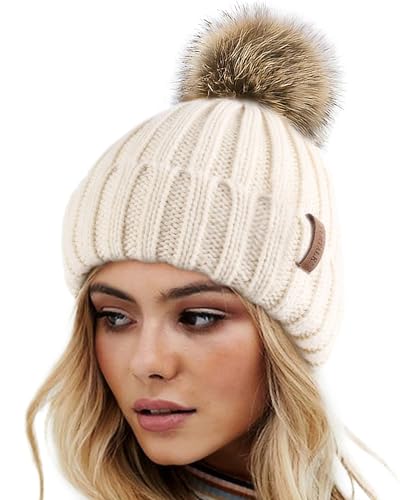 FURTALK Womens Winter Knitted Beanie Hat with Faux Fur Pom Warm Knit Skull Cap Beanie for Women