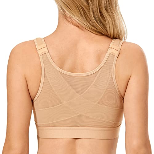 DELIMIRA Women's Front Closure Posture Wireless Back Support Full Coverage Bra Taupe Tan 36B