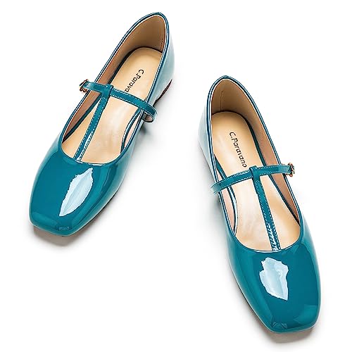 C.Paravano Mary Jane Shoes for Women | Womens Square Toe Flats | Blue Glossy Leather Mary Jane (Size 7,Blue_b)