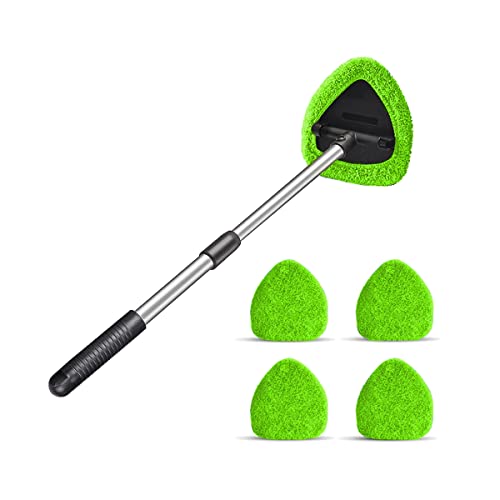 Windshield Cleaning Tool, Car Window Cleaner with 4 Washable Reusable Microfiber Pads, Extendable Long Handle Glass Wiper Cleaning Kit, Auto Accessories Universal for Office and Home (Green)