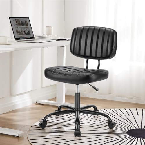 DUMOS Armless Home Office Chair Ergonomic Desk with Comfy Low Back Lumbar Support, Height Adjustable PU Leather Computer Task with 360° Swivel Wheels, for Small Space, Kids and Adults, Black