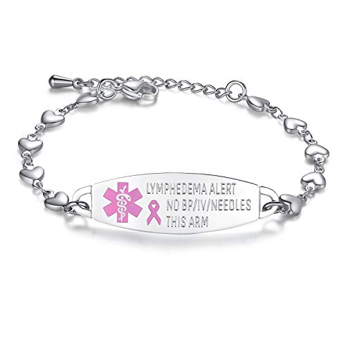 mnmoom Lymphedema Alert bracelet no bp no needles bracelet for women adjustable stainless steel heart links breast cancer medical bracelets