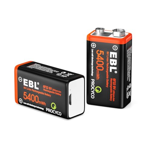 EBL Rechargeable 9V Lithium Batteries, 5400mWh USB 9 Volt Li-ion Batteries Long-Lasting(2 Pack)