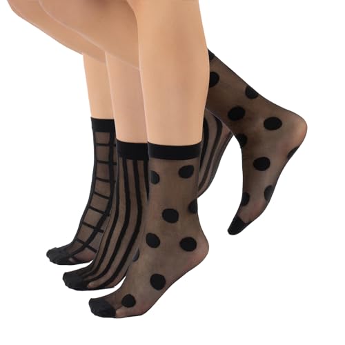 CALZITALY 3 Pairs Women Pop Socks, Sheer Everyday Ankle Socks in 3 Different Designs: Dots, Stripes and Geometric – One Size (Black)