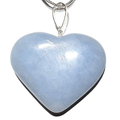 Zenergy Gems Perfect Pendant CHARGED Natural Angelite Crystal Heart Pendant + 20' Silver Chain + Selenite Heart Charging Crystal Included