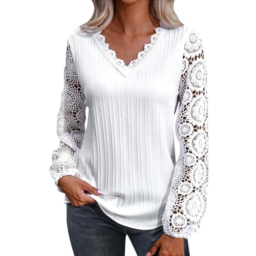 Womens Long Sleeve Tops Dressy Casual Blouses 3/4 Length Sleeve Tops Plue Size Tunic Tops to Wear with Leggings Cute Summer Blouses Lace Interview Outfits Daily Todays Deals(C-White,Small)