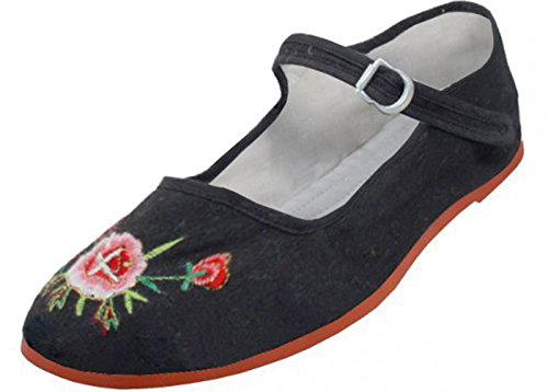 Easy USA Women's Cotton Mary Jane Shoes Ballerina Ballet Flats Shoes, Black Embroidered, 7