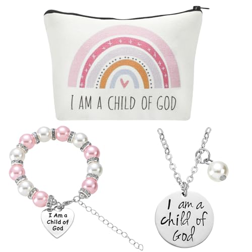 SilTriangle 3 Pcs God Cosmetics Bag God Necklace Pink and Cream Faux Pearls with Crystals Charm Bracelet First Communion Gifts Baptism Gifts for Godchild