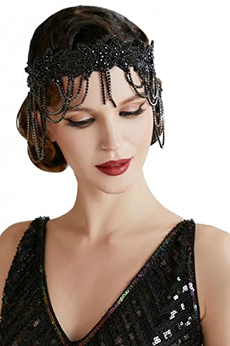 BABEYOND 1920s Flapper Headpiece Roaring 20s Headband Great Gatsby Headband Chain for Women Vintage Hair Accessory (Black)