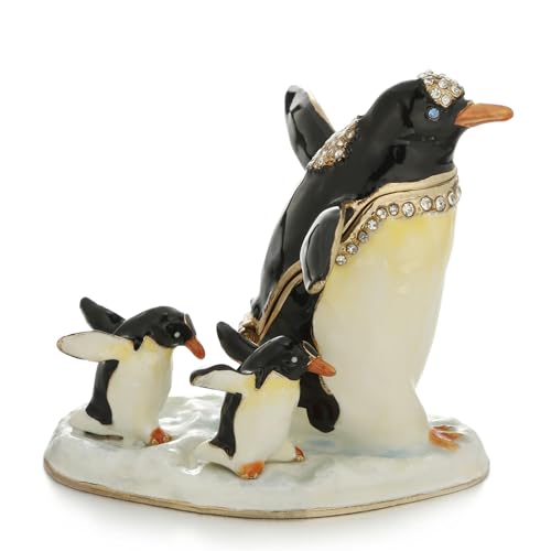 Hand Painted Enamel Penguin Family Trinket Box, Unique Home Decor Figurine Keepsake Collectible, Personalized Elegant Handmade Statue Ornament (Penguin)