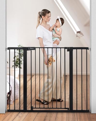 COMOMY 36' Extra Tall Baby Gate for Stairs Doorways, Fits Openings 29.5' to 48.8' Wide, Auto Close Extra Wide Dog Gate for House, Pressure Mounted Easy Walk Through Pet Gate with Door, Black