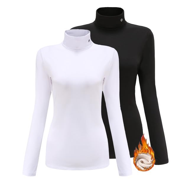 SSLR-2 Pack Thermal Shirts for Women Turtleneck Long Sleeve Tops Mock Neck Base Layer Fleece Lined Winter Slim Fitted (Medium, Black White)