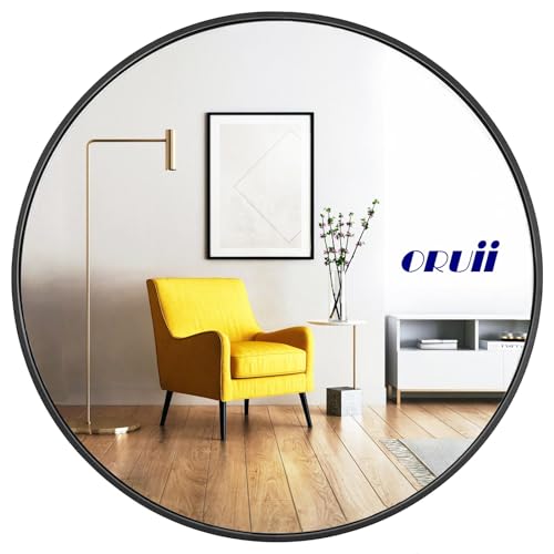 Oruii Round Mirror, Black Round Mirror 24 inch, Round Wall Mirror Metal Frame, Round Bathroom Mirror, Circle Mirrors for Wall, Living Room, Bedroom, Vanity, Entryway, Hallway.