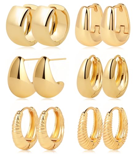 Gold Hoop Earrings Set 14k Gold Plated Huggie Earrings Chunky Twisted Thick Jewelry for Multiple Piercing Christmas Gift for Women Girls (Gold hoop 002)