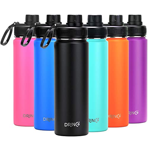 Drinco Stainless Steel Water Bottle Spout Lid Vacuum Insulated Double Wall Water Bottle Wide Mouth (40oz 32oz 22oz 18oz 14oz) Leak Proof Keep Cold Sport Camping Hiking (22 oz, 22oz Black)