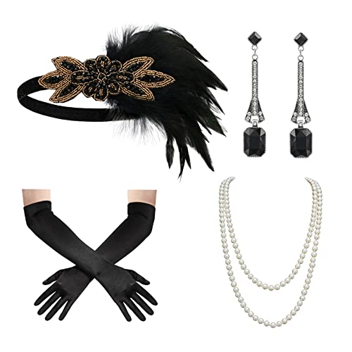 SWEETV 1920s Great Gatsby Accessories Set for Women, Flapper Headband Headpiece Roaring 20s Costume Accessories Set