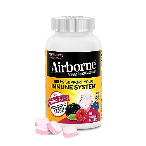 Airborne 1000mg Vitamin C with Zinc, Immune Support Supplement with Powerful Antioxidants Vitamins A C & E - 116 Chewable Tablets, Very Berry Flavor