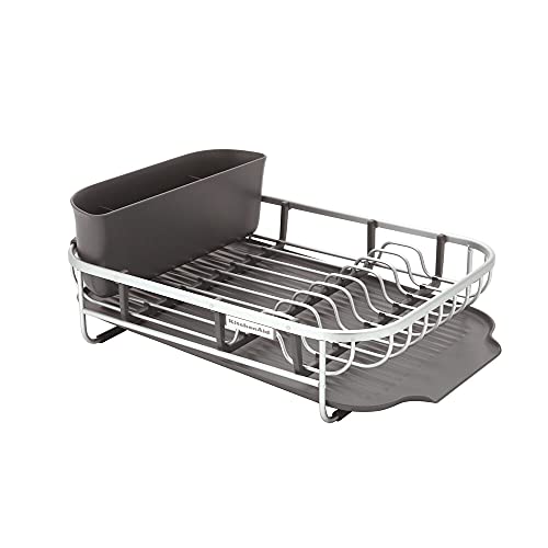 KitchenAid Compact Space Saving Aluminum Rust Resistant Dish Rack, with Angled Self Draining Drainboard and Removable Flatware Caddy, 17-Inch, Charcoal