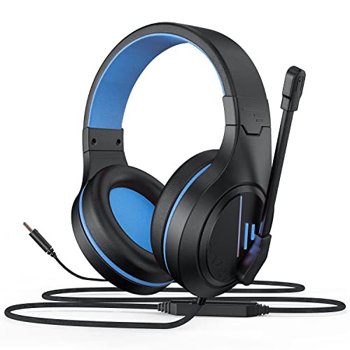 Anivia MH601 Blue Headphones with Microphone Wired Headset with Active Noise Canceling Microphone, 3.5mm Audio Jack Stereo Headphone (Game/Work/School)