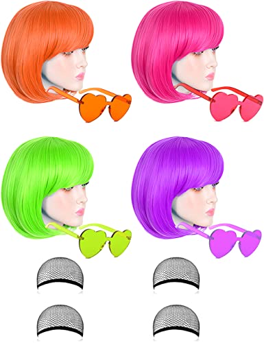 4 Pack Colored Wigs, Funky Colorful Wigs, Short Bob Hair Wigs, Neon Party Wigs, Cosplay Wigs with Rimless Heart Shape Sunglasses - One Size for All Women Kids & Adults Halloween Costume Night Club
