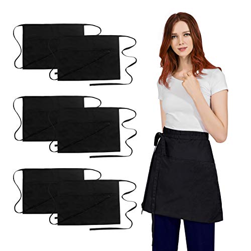 Hi loyaya Waitress Apron for Women Men - Set of 6 Black Half Waist Aprons with Pockets for Chef Waiter Server Baker Kitchen Restaurant (Large)