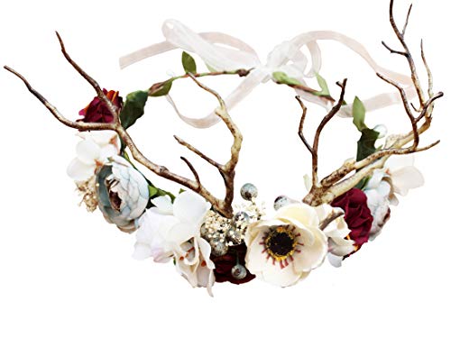 Vivivalue Deer Flower Crown Boho Flower Headband Hair Wreath Floral Headpiece Halo with Ribbon Wedding Party Festival Photos