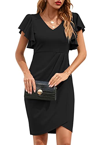 IHOT Cocktail Dresses for Women Evening Party Ruffle Sleeve V Neck Sheath Ruched Faux Wrap Draped Pencil Knee-Length Wedding Guest Club Semi Formal Dresses Black L