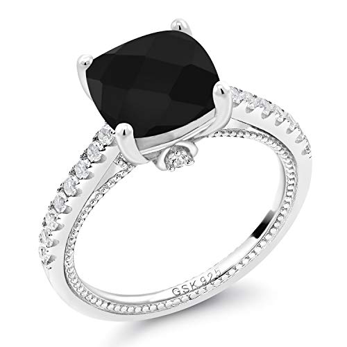 Gem Stone King 925 Sterling Silver Black Onyx and White Created Sapphire Engagement Ring For Women (4.07 Cttw, Cushion Checkerboard Cut 10MM, Gemstone Birthstone, Available In Size 5, 6, 7, 8, 9)