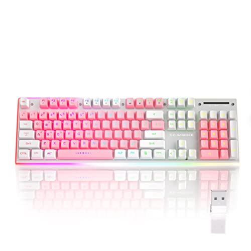 MageGee Wireless Gaming Keyboard, Rechargeable RGB LED Backlit Quiet Keyboard with Sidelight & Metal Panel, V510 2.4G Wireless Ergonomic Waterproof Office Keyboard, White and Pink