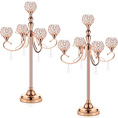 Hsei 2 Pack 5 Arms Gold Candelabra Centerpiece with Crystal Pendant 33 Inch Tall Floor Candle Holder Table Candelabra Stand Crystal Chandelier Candle Holder for Home Wedding Party Events Decoration