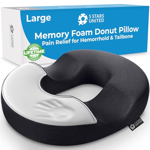5 STARS UNITED Donut Pillow Hemorrhoid Tailbone Cushion – Large Black Seat Cushion Pain Relief for Coccyx, Prostate, Sciatica, Pelvic Floor, Pressure Sores, Pregnancy