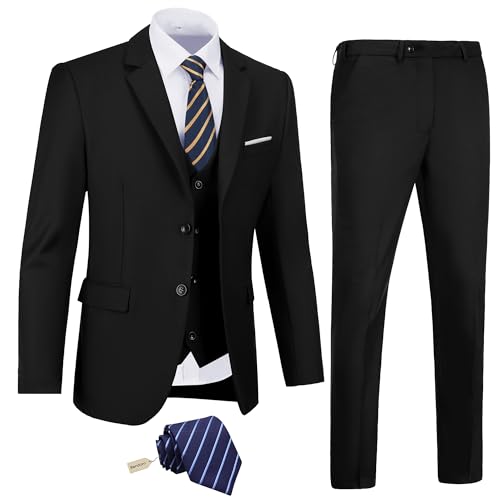 Men Suits Slim Fit Black Business Wedding 3 Piece Tux Groomsmen Prom Blazer Jacket Vest Pants with Tie Men Suit Set M