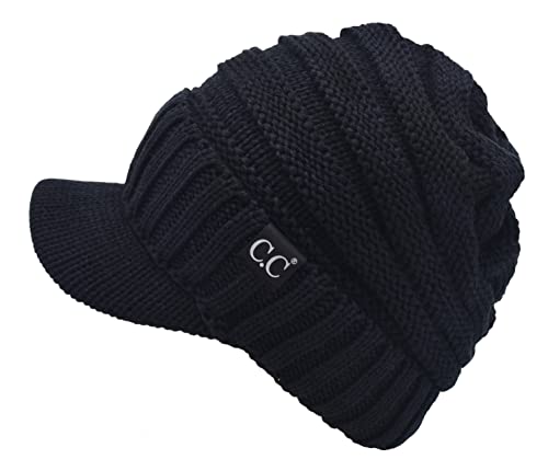 C.C Trendy Warm Oversized Chunky Soft Oversized Ribbed Slouchy Knit Hat with Visor Brim (Black)