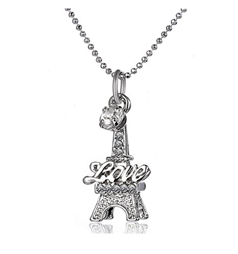 Garoff Collection Love Paris Eiffel Tower Crystal Pendant Chain Charm Necklace - White Gold Plated