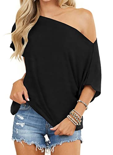 INFITTY Women Off Shoulder Tops Cute Summer Short Sleeve Basic Shirt Tunic T-Shirt Black Large