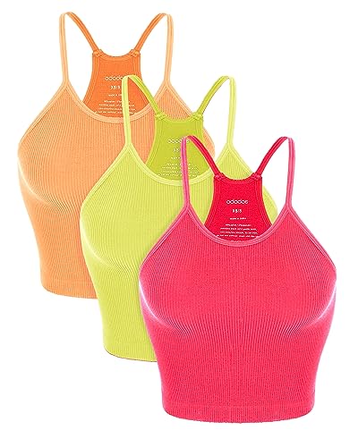 ODODOS Women's Crop 3-Pack Washed Seamless Rib-Knit Camisole Crop Tank Tops, Long Crop, Neon Pink Green Orange, Medium/Large