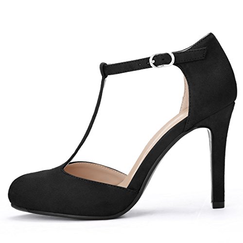 Allegra K Women's Rounded Toe Stiletto Heel T-Strap Dress Pumps (Size US 8) Black
