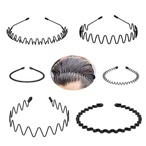 Metal Headbands for Men/Women, 90s headband Japanese Headband hair bands men Metal Band Comb Headband Wavy Hairband Spring Hair Hoop, Metal Unisex Male/Female Elastic Non-slip Hair Band, 6 Pack