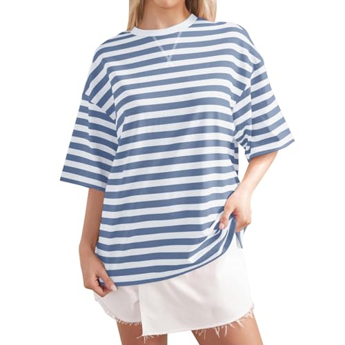 Women Oversized Striped Color Block Short Sleeve Crew Neck Sweatshirt Casual Loose Pullover Y2K Shirt Top(1B-Blue, L)