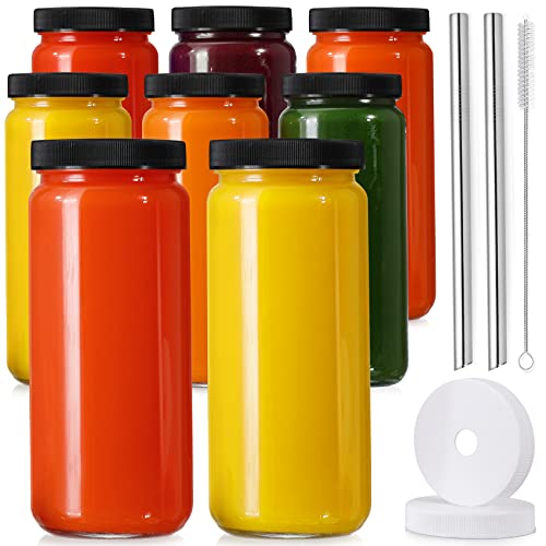[ 8 Pack ] Glass Juicing Bottles with 2 Straws & 2 Lids w Hole- 16 OZ Travel Drinking Jars, Water Cups with Black Airtight Lids, Reusable Tall Mason Jar for Juice, Bubble Tea, Smoothie, Tea, Kombucha